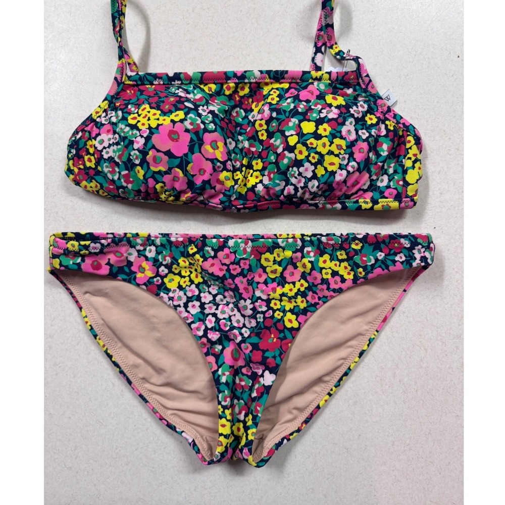 J.Crew‎ Womens Floral Bikini Set Navy Pink Yellow Bandeau Top Bottoms Size S